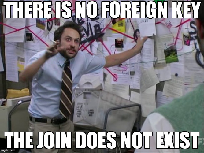 Charlie from Always Sunny conspiracy board meme: There is no foreign key. The join does not exist.
